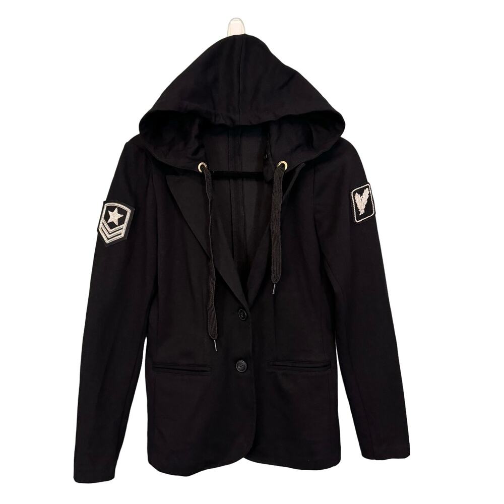 Miller Wendt Jacket Womens XS Military Blazer Sloane Hooded Patch 2 Button Black